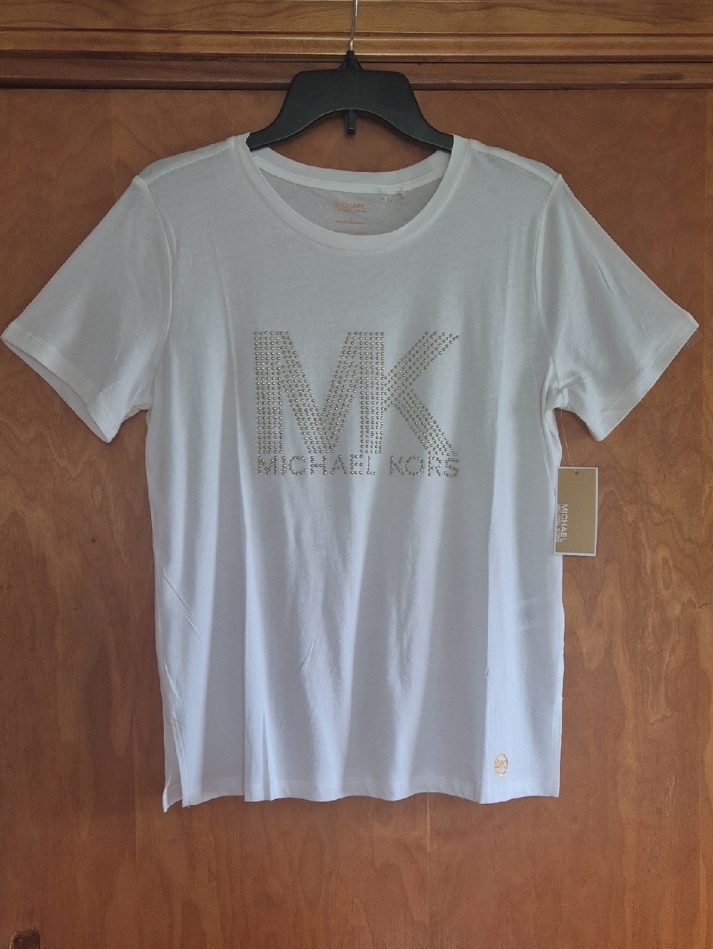 MICHAEL Michael Kors Women’s Gold Metal Studded Logo White T-Shirt,  size S